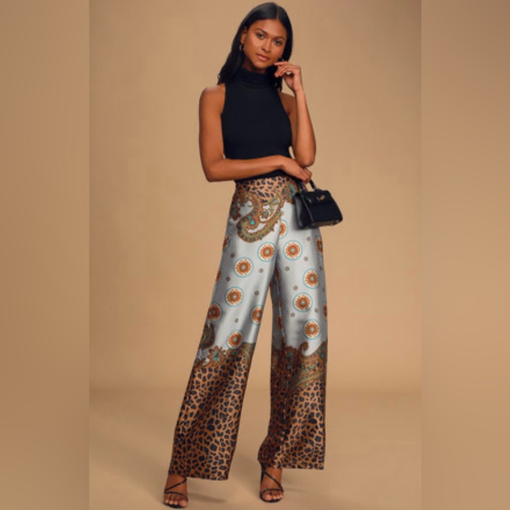 Island Getaway Blue Multi Scarf Print Satin Wide-Leg Pants